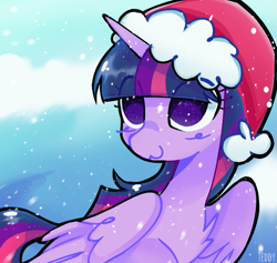 Size: 807x765 | Tagged: safe, artist:sillyp0ne, twilight sparkle, alicorn, pony, g4, :3, christmas, eye clipping through hair, female, folded wings, hat, holiday, horn, mare, santa hat, smiling, snow, snowfall, solo, twilight sparkle (alicorn), wings, winter