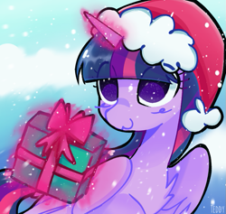 Size: 807x765 | Tagged: safe, alternate version, artist:sillyp0ne, twilight sparkle, alicorn, pony, g4, :3, christmas, eye clipping through hair, female, folded wings, glowing, glowing horn, hat, holiday, horn, levitation, magic, magic aura, mare, present, santa hat, smiling, snow, snowfall, solo, telekinesis, twilight sparkle (alicorn), wings, winter