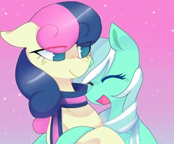 Size: 1670x1392 | Tagged: safe, artist:sillyp0ne, bon bon, lyra heartstrings, sweetie drops, earth pony, pony, unicorn, g4, duo, duo female, eye clipping through hair, eyes closed, female, gradient background, lesbian, mare, open mouth, ship:lyrabon, shipping, smiling