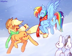 Size: 1473x1136 | Tagged: safe, artist:sillyp0ne, applejack, rainbow dash, earth pony, pegasus, pony, rabbit, g4, ^^, animal, applejack's hat, clothes, cowboy hat, cute, dashabetes, duo, duo female, eye clipping through hair, eyes closed, female, flying, hat, jackabetes, mare, open mouth, open smile, scarf, smiling, snow, snowfall, spread wings, wings, winter