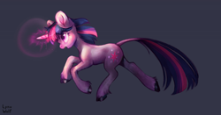 Size: 1280x671 | Tagged: safe, artist:lynxwolf, twilight sparkle, classical unicorn, pony, unicorn, g4, cloven hooves, fanart, female, glowing, glowing horn, gray background, horn, leonine tail, magic, mare, open mouth, round ears, running, simple background, solo, unshorn fetlocks