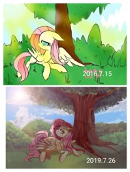 Size: 2000x2637 | Tagged: safe, artist:不可食用骨, fluttershy, pegasus, pony, g4, art evolution, improvement, lying down, solo, sunlight, tree