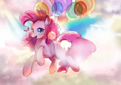 Size: 850x600 | Tagged: safe, artist:不可食用骨, pinkie pie, earth pony, pony, g4, balloon, female, floating, mare, open mouth, open smile, sky, smiling, solo, then watch her balloons lift her up to the sky