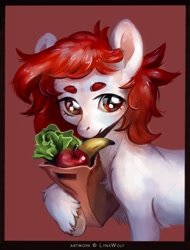 Size: 971x1280 | Tagged: safe, artist:lynxwolf, oc, oc only, oc:kich pineberry, earth pony, pony, apple, bag, banana, bust, food, herbivore, portrait, salad