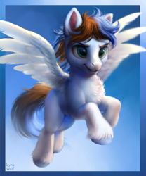 Size: 900x1080 | Tagged: safe, artist:lynxwolf, oc, oc only, pegasus, pony, chest fluff, flying, gradient background, male, pegasus oc, solo