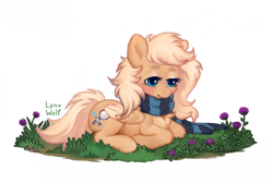 Size: 1280x861 | Tagged: safe, artist:lynxwolf, oc, oc only, oc:mirta whoowlms, pegasus, pony, chest fluff, clothes, cute, female, flower, island, sad, scarf, simple background, solo, striped scarf, white background