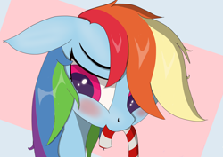Size: 2286x1616 | Tagged: safe, artist:raritymylove, rainbow dash, pony, g4, blushing, candy, candy cane, christmas, floppy ears, food, holiday, mouth hold, shy, solo