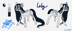 Size: 1280x565 | Tagged: safe, artist:lynxwolf, oc, oc only, earth pony, pony, g4, black mane, female, long mane, long tail, mare, reference, reference sheet, simple background, solo, spots, tail, white background, white coat