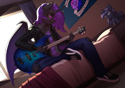 Size: 3508x2480 | Tagged: safe, artist:underpable, princess luna, oc, oc only, changeling, anthro, bass guitar, commission, musical instrument, plushie, purple changeling, solo