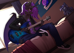 Size: 3508x2480 | Tagged: safe, artist:underpable, princess luna, oc, oc only, changeling, anthro, g4, bass guitar, commission, musical instrument, plushie, purple changeling, solo