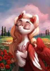 Size: 905x1280 | Tagged: safe, artist:lynxwolf, oc, oc only, pegasus, pony, g4, female, field, flower, flower field, flower in hair, halfbody, illustration, scenery, solo, unshorn fetlocks