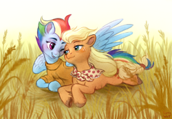 Size: 990x690 | Tagged: safe, artist:lynxwolf, applejack, rainbow dash, earth pony, pegasus, pony, g4, clothes, female, granny smith's shawl, lesbian, looking at each other, looking at someone, love, older, older applejack, older rainbow dash, scarf, ship:appledash, shipping, unshorn fetlocks