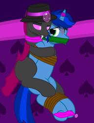 Size: 1300x1695 | Tagged: safe, artist:cardshark777, oc, oc only, oc:card shark, oc:emerald, changeling, bondage, bound and gagged, cuddling, digital art, feather, gag, hat, helpless, hoof tickling, hooves behind back, horn, horn ring, hug, hug from behind, looking at each other, looking at someone, looking back, magic suppression, male, male oc, pink changeling, ring, smiling, stallion, tickling