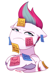 Size: 1889x2780 | Tagged: safe, artist:maren, zipp storm, pegasus, pony, g5, bust, colored wings, crown, exclamation point, eyebrows, female, floppy ears, folded wings, frown, grumpy, high res, jewelry, mare, portrait, post-it, regalia, signature, simple background, solo, sparkles, text, unamused, unshorn fetlocks, white background, wings, zipp storm is not amused