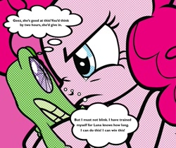 Size: 869x732 | Tagged: safe, gummy, pinkie pie, g4, my little pony: the movie, ben-day dots, cropped, poster, staring contest, thought bubble