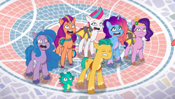 Size: 3072x1727 | Tagged: safe, screencap, hitch trailblazer, izzy moonbow, misty brightdawn, pipp petals, sparky sparkeroni, sunny starscout, zipp storm, dragon, earth pony, pegasus, pony, unicorn, cake dragon, g5, my little pony: tell your tale, spoiler:g5, spoiler:my little pony: tell your tale, spoiler:tyts02e03, baby, baby dragon, crystal brighthouse, eyes closed, female, lip bite, male, mane five, mane seven (g5), mane six (g5), mane stripe sunny, mare, open mouth, papa hitch, rebirth misty, royal sisters (g5), siblings, sisters, stallion