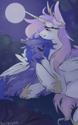 Size: 1195x1907 | Tagged: safe, artist:shieshuqqq, princess celestia, princess luna, alicorn, pony, g4, celestia's crown, colored eartips, colored pinnae, duo, facial markings, female, floppy ears, freckles, freckluna, full moon, hoof shoes, horn, horn jewelry, jewelry, looking at someone, mare, moon, night, outdoors, princess shoes, siblings, sisters, starry sky, tree