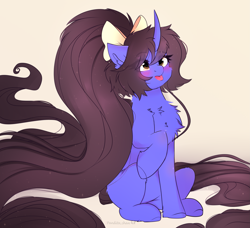 Size: 3555x3244 | Tagged: safe, artist:2pandita, oc, oc only, pony, unicorn, :p, blushing, bow, chest fluff, curved horn, ear fluff, female, hair bow, horn, impossibly long mane, impossibly long tail, long mane, mare, simple background, sitting, solo, tail, tongue out, yellow background