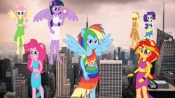 Size: 1920x1080 | Tagged: safe, artist:shambo2000, applejack, fluttershy, pinkie pie, rainbow dash, rarity, sunset shimmer, twilight sparkle, human, equestria girls, g4, city, clothes, female, giantess, humane five, humane seven, humane six, macro, new york city, ponied up, pony ears