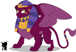 Size: 4000x2729 | Tagged: safe, artist:heilos, artist:orin331, somnambula, the sphinx, bat pony, pony, sphinx, g4, concave belly, countershading, egyptian, egyptian headdress, jewelry, leonine tail, partially open wings, redesign, regalia, silhouette, simple background, size difference, slender, tail, thin, transparent background, wings