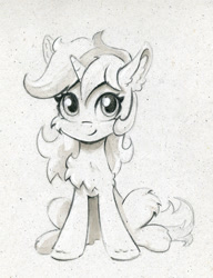 Size: 844x1100 | Tagged: safe, artist:maytee, lyra heartstrings, pony, unicorn, g4, chest fluff, ear fluff, grayscale, monochrome, sitting, smiling, solo, traditional art