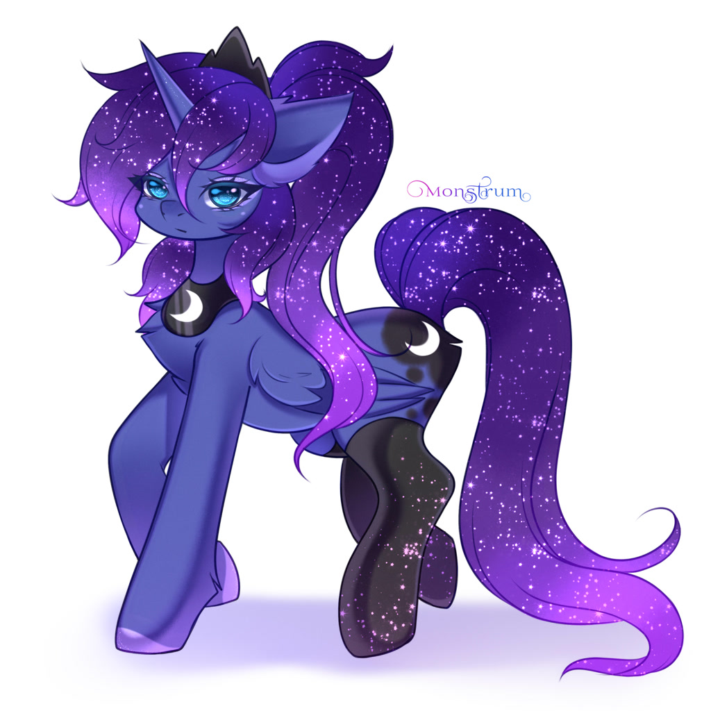 [alicorn,clothes,cute,g4,looking at you,pony,princess luna,safe,simple background,solo,stockings,thigh highs,white background,artist:monstrum]