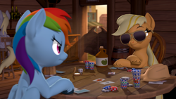 Size: 3840x2160 | Tagged: safe, artist:owlpirate, applejack, derpy hooves, rainbow dash, earth pony, pegasus, pony, g4, 3d, 4k, cider, crossed hooves, duo focus, female, frown, furrowed brow, hat off, high res, jug, mare, offscreen character, playing card, pocket watch, poker, poker chips, saloon, sitting, smiling, smirk, smugjack, source filmmaker, sunglasses