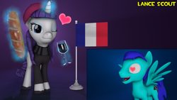 Size: 1920x1080 | Tagged: safe, artist:lancescout, rarity, oc, oc:blue gamer, pegasus, pony, unicorn, g4, 3d, alcohol, baguette, beatnik rarity, beret, bread, canon x oc, clothes, flag, floating heart, food, france, french, french rarity, glass, hat, heart, heart eyes, magic, one eye closed, pegasus oc, source filmmaker, sweater, wine, wine glass, wingding eyes, wink