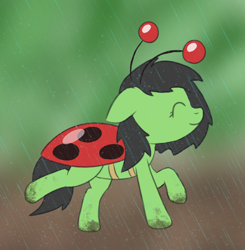 Size: 1390x1421 | Tagged: safe, artist:craftycirclepony, oc, oc only, oc:filly anon, insect, ladybug, clothes, costume, cute, eyes closed, female, filly, foal, happy, mud, outdoors, rain, smiling, solo