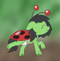 Size: 1390x1421 | Tagged: safe, alternate version, artist:cleverround, oc, oc only, oc:filly anon, earth pony, pony, clothes, costume, cute, diaper, diaper fetish, eyes closed, female, fetish, filly, foal, happy, ladybug costume, mud, non-baby in diaper, outdoors, rain, raised hoof, raised leg, smiling, solo