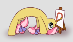 Size: 999x571 | Tagged: safe, artist:craftycirclepony, kettle corn, earth pony, pony, g4, bow, canvas, circle, circle painting, cute, easel, female, filly, flexible, foal, hair bow, paintbrush, painting, solo, upside down