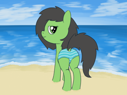 Size: 2000x1500 | Tagged: safe, artist:craftycirclepony, oc, oc only, oc:filly anon, pony, beach, butt, clothes, cute, dock, female, filly, foal, lidded eyes, looking at you, looking back, looking back at you, ocean, plot, smiling, solo, swimsuit, tail, water