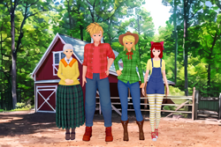 Size: 1280x853 | Tagged: safe, artist:samaster, apple bloom, applejack, big macintosh, granny smith, human, anthro, g4, 3d, apple family, applejack's hat, before and after, blonde hair, clothes, cowboy hat, denim, group photo, hat, humanized, jeans, koikatsu, pants, red hair, skirt
