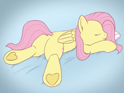 Size: 2000x1500 | Tagged: safe, artist:craftycirclepony, fluttershy, pegasus, pony, g4, bed, butt, dock, eyes closed, lying down, plot, prone, sleeping, smiling, solo, tail, underhoof