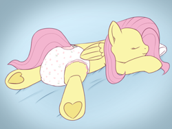 Size: 2000x1500 | Tagged: safe, alternate version, artist:cleverround, fluttershy, pegasus, pony, g4, bed, butt, diaper, diaper butt, diaper fetish, dock, eyes closed, female, fetish, frog (hoof), hoof heart, lying down, mare, non-baby in diaper, plot, prone, sleeping, smiling, solo, tail, underhoof
