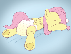 Size: 2000x1500 | Tagged: safe, alternate version, artist:cleverround, fluttershy, pegasus, pony, g4, bed, butt, diaper, diaper butt, diaper fetish, diaper usage, diapered, dock, eyes closed, female, fetish, frog (hoof), hoof heart, lying down, mare, non-baby in diaper, peeing in diaper, pissing, plot, prone, sleeping, smiling, solo, tail, underhoof, urine, used diaper, using diaper, wet diaper