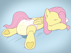 Size: 2000x1500 | Tagged: safe, alternate version, artist:cleverround, fluttershy, pegasus, pony, g4, bed, butt, diaper, diaper butt, diaper fetish, diaper usage, diapered, dock, eyes closed, female, fetish, frog (hoof), hoof heart, leaking, leaky diaper, lying down, mare, non-baby in diaper, peeing in diaper, pissing, plot, prone, sleeping, smiling, solo, tail, underhoof, urine, used diaper, using diaper, wet, wet diaper