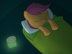 Size: 2000x1500 | Tagged: safe, artist:craftycirclepony, scootaloo, firefly (insect), insect, pegasus, pony, g4, camping, cute, eyes closed, female, filly, foal, hooves to the chest, jar, night, pillow, sleeping, sleeping bag, solo, tent