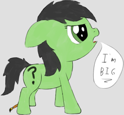 Size: 1010x941 | Tagged: safe, artist:craftycirclepony, oc, oc only, oc:filly anon, earth pony, pony, angry, dialogue, fake cutie mark, female, filly, floppy ears, foal, gray background, open mouth, paint, paintbrush, simple background, solo