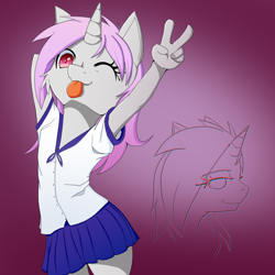 Size: 1000x1000 | Tagged: safe, artist:fajnyziomal, oc, oc:purple light, unicorn, anthro, clothes, female, filly, foal, one eye closed, shirt, skirt, solo, tongue out, wink
