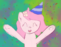 Size: 1146x883 | Tagged: safe, artist:craftycirclepony, oc, oc only, oc:kayla, earth pony, pony, confetti, cute, eyes closed, female, filly, flower, flower in hair, foal, happy, hat, open mouth, party hat, raised leg, smiling, solo, underhoof