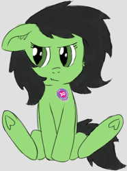 Size: 1094x1472 | Tagged: safe, artist:craftycirclepony, oc, oc only, oc:filly anon, earth pony, pony, :t, embarrassed, female, filly, floppy ears, foal, gray background, ribbon, simple background, sitting, solo, underhoof