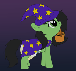 Size: 1597x1500 | Tagged: safe, artist:cleverround, oc, oc only, oc:filly anon, earth pony, pony, g4, bucket, candy, clothes, costume, cute, diaper, diaper fetish, diaper usage, diapered, female, fetish, filly, food, gradient background, halloween, happy, hat, holiday, mare, mouth hold, nightmare night, non-baby in diaper, peeing in diaper, pissing, smiling, solo, tail, tail wag, trick or treat, urine, used diaper, using diaper, wet diaper, wizard hat, wizard robe