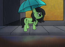 Size: 1891x1380 | Tagged: safe, artist:craftycirclepony, oc, oc only, oc:filly anon, earth pony, pony, alley, female, filly, foal, puddle, rain, reflection, sidewalk, smiling, solo, umbrella, window