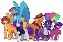 Size: 4258x2864 | Tagged: safe, artist:channydraws, applejack, fluttershy, pinkie pie, rainbow dash, rarity, twilight sparkle, pony, g4, alternate design, applejack (male), balloon, blush scribble, bubble berry, butterscotch, clothes, dusk shine, elusive, glasses, grin, male, male six, mane six, rainbow blitz, rule 63, shamrock, simple background, smiling, straw in mouth, sweater, white background