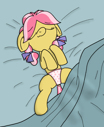 Size: 1178x1436 | Tagged: safe, artist:craftycirclepony, kettle corn, earth pony, pony, g4, bed, blanket, circle, clothes, cute, dock, female, filly, floppy ears, foal, hooves to the chest, on bed, panties, sleeping, solo, spread legs, spreading, tail, underwear