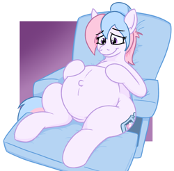 Size: 1096x1080 | Tagged: safe, artist:jargon scott, oc, oc only, oc:bundle joy, earth pony, pony, belly, belly button, big belly, chair, commission, eyebrows, eyebrows visible through hair, female, happy, hoof on belly, looking at self, looking at someone, lying down, mare, on back, outie belly button, pregnant, recliner, reclining, smiling, solo
