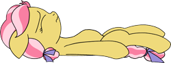 Size: 1576x587 | Tagged: safe, artist:craftycirclepony, kettle corn, earth pony, pony, g4, bow, female, filly, foal, frown, hair bow, lidded eyes, lying down, simple background, solo, stuffed belly, transparent background, wavy mouth