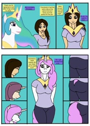 Size: 564x789 | Tagged: safe, artist:sephirothwolf, princess celestia, oc, alicorn, human, pony, anthro, g4, character to character, comic, crown, dialogue, female, human oc, human to anthro, human to pony, jewelry, peytral, regalia, transformation, transformation sequence, twinning