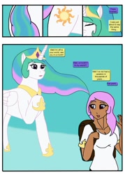 Size: 564x789 | Tagged: safe, artist:sephirothwolf, princess celestia, alicorn, human, pony, g4, anthro to pony, backpack, dialogue, female, human to pony, humanized, mare, pony to human, transformation, transformation sequence, twinning, vacation